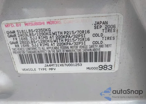 2007 Mitsubishi Outlander Ls z USA, uszkodzony, nr VIN JA4MT31X67U001253